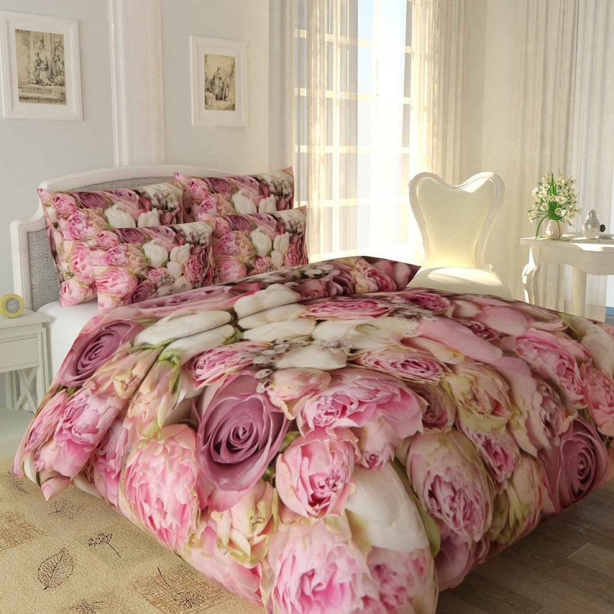 Постельный комплект шелковый розовый с розами