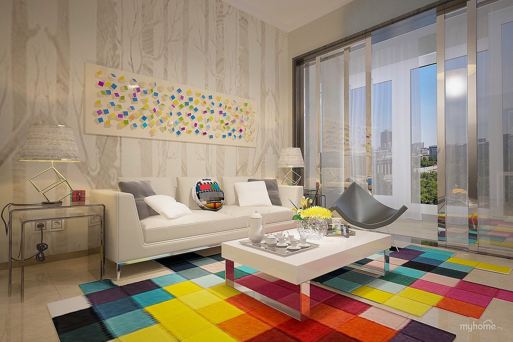 Интерьер гостинной с разноцветным ковром