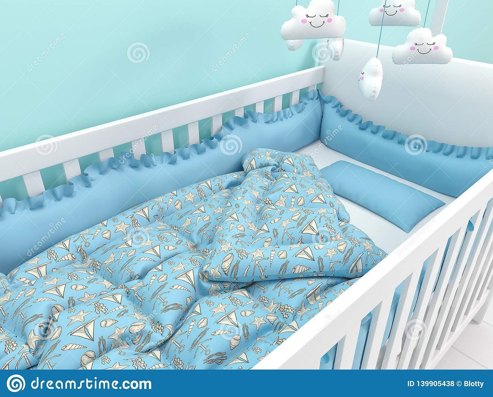 Бортики в детскую кроватку со звёздами и мишкой голубой