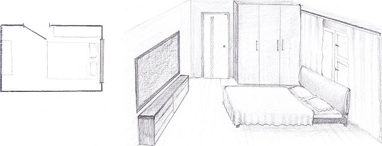 Эскиз комнаты карандашом с мебелью