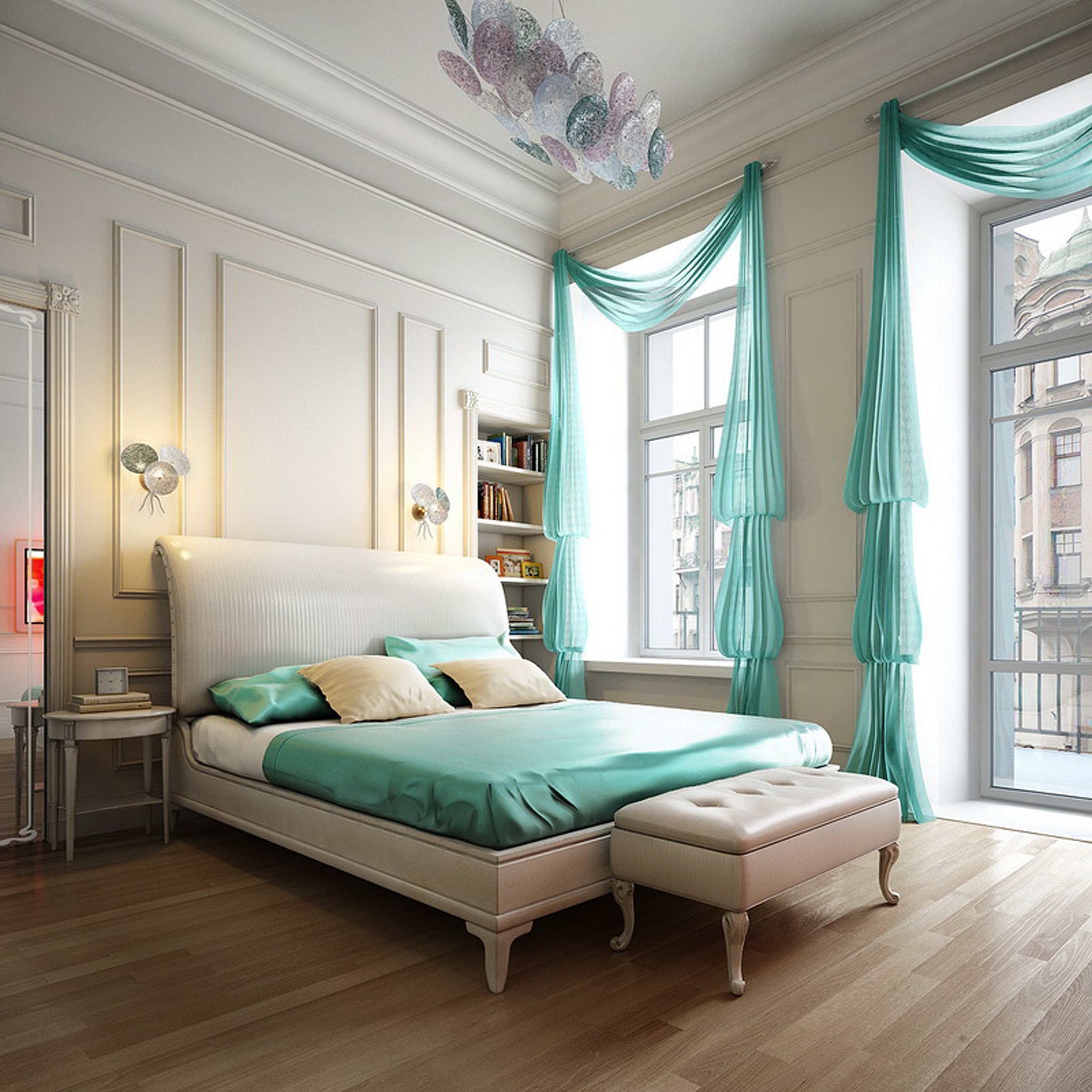 Дизайн спальни неоклассика в мятных тонах