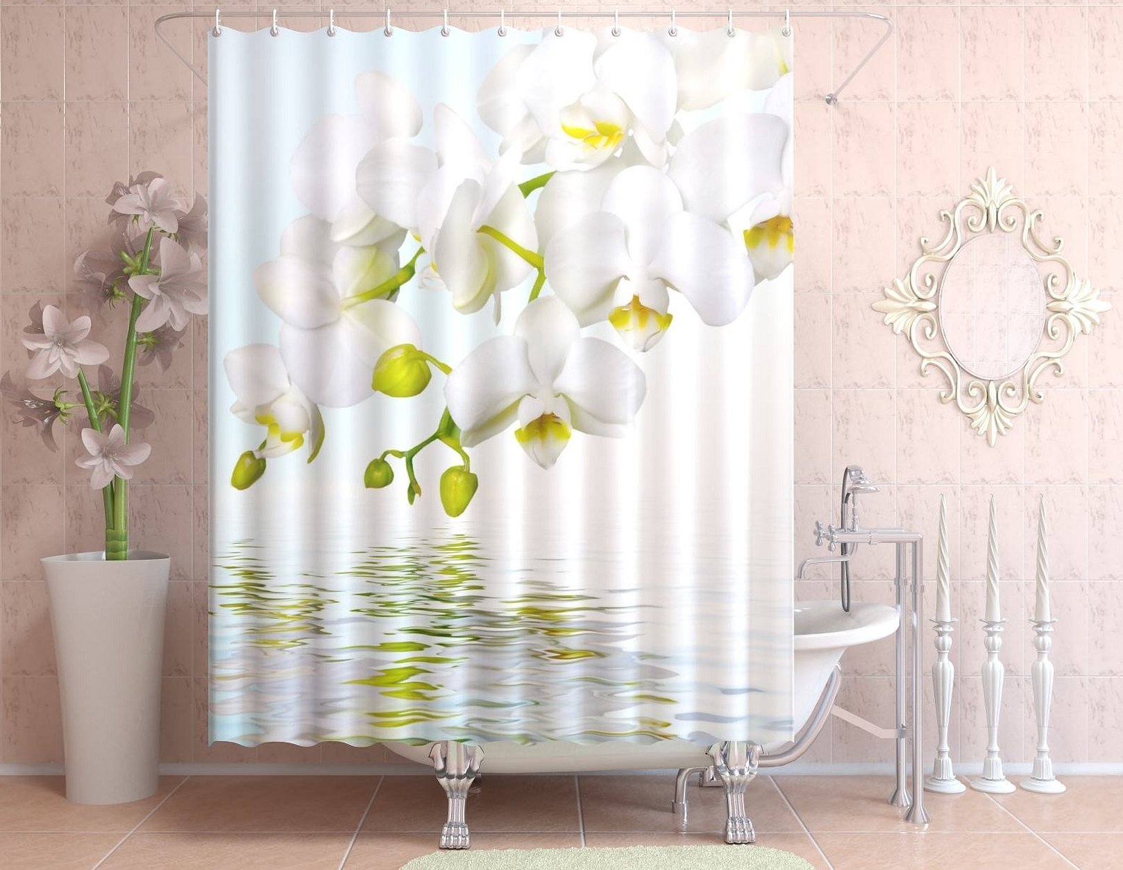 Фотоштора для ванной олимп текстиль бабочки и орхидеи