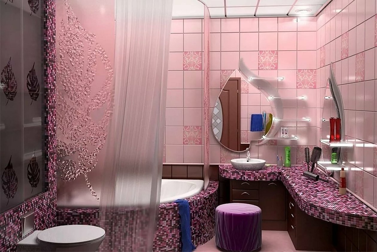 Розовая ванная комната дизайн