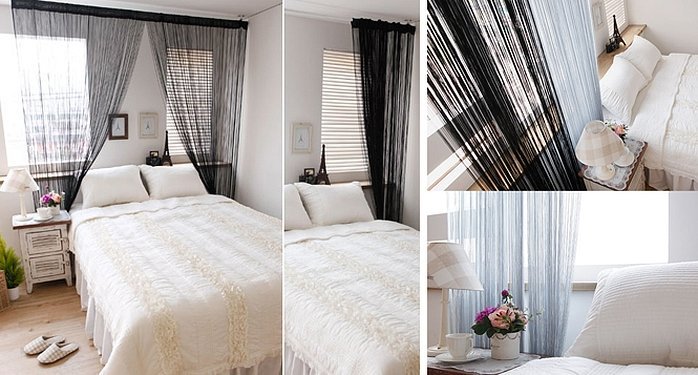 Нитяные черно белые шторы в интерьере спальни