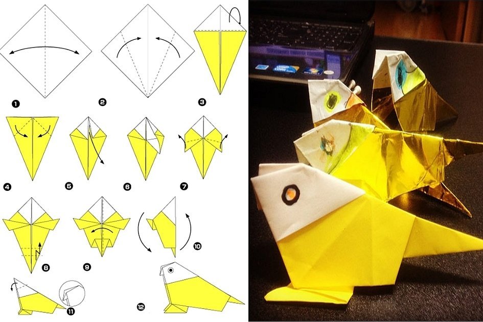 Оригами попугай из бумаги схема