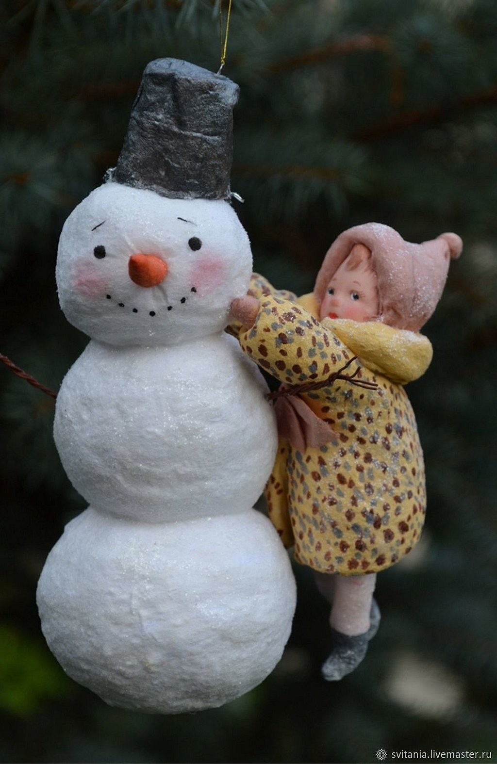 Снеговик елочная игрушка из ваты и папье маше