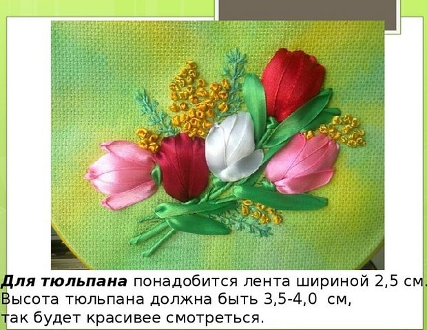 Картины вышитые лентами тюльпаны с мимозами