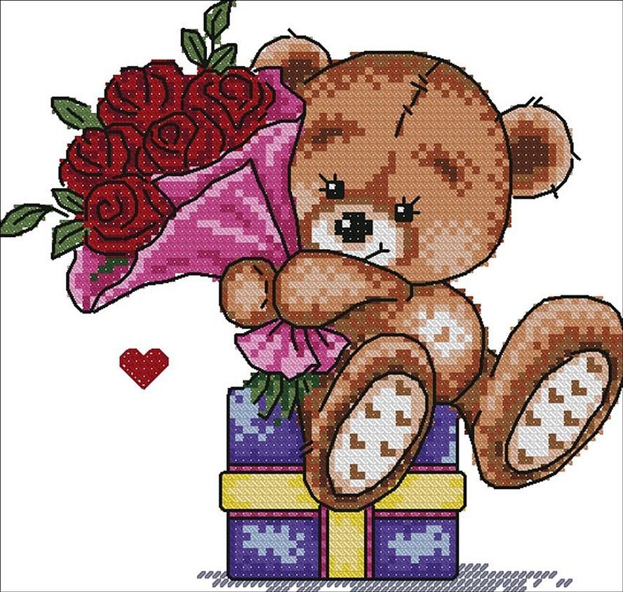 Схема вышивки крестом медвежонок с цветами