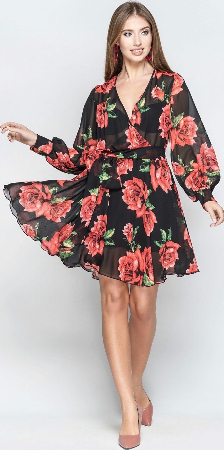 Шифоновое платье с длинным рукавом цветочный принт