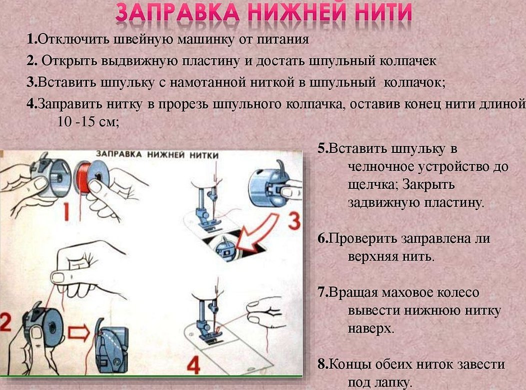 Почему рвется верхняя нить. Как заправить нижнюю нить в швейную машинку. Как вставить нитку в швейную машинку снизу. Заправка верхней и нижней нити в швейной машине 5 класс. Как вставить нижнюю нить в швейную машину.