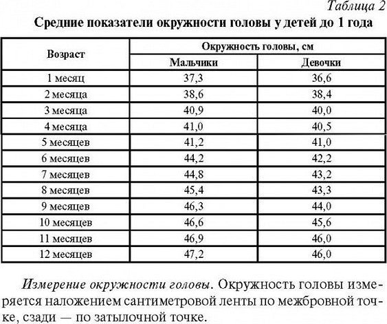 Окружность головы ребенка по месяцам таблица