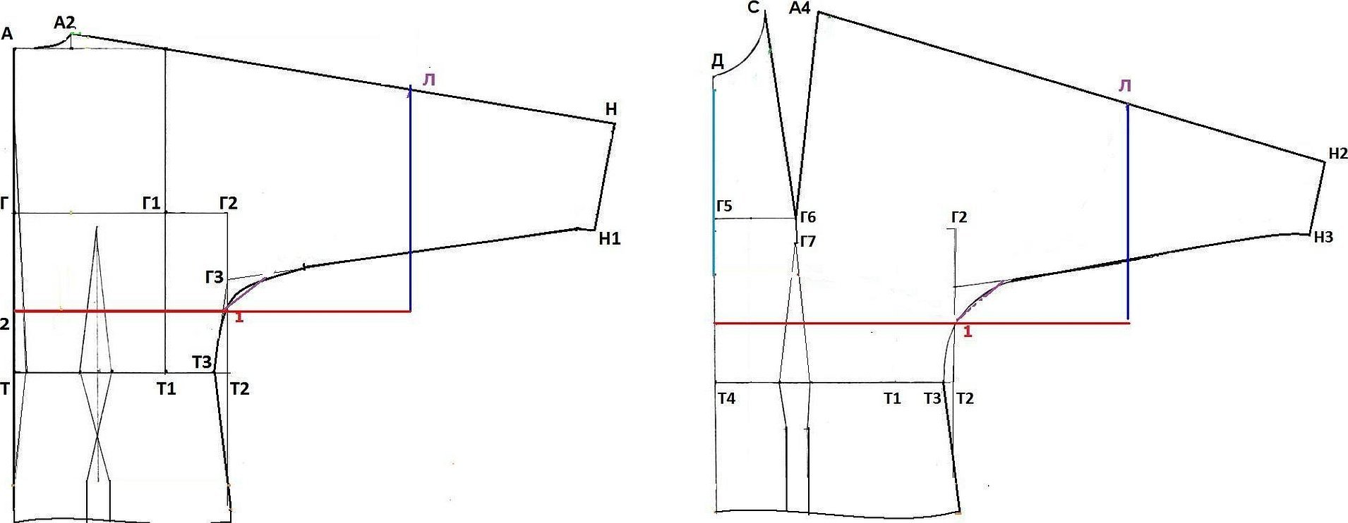 Построение выкройки блузы с цельнокроеным рукавом