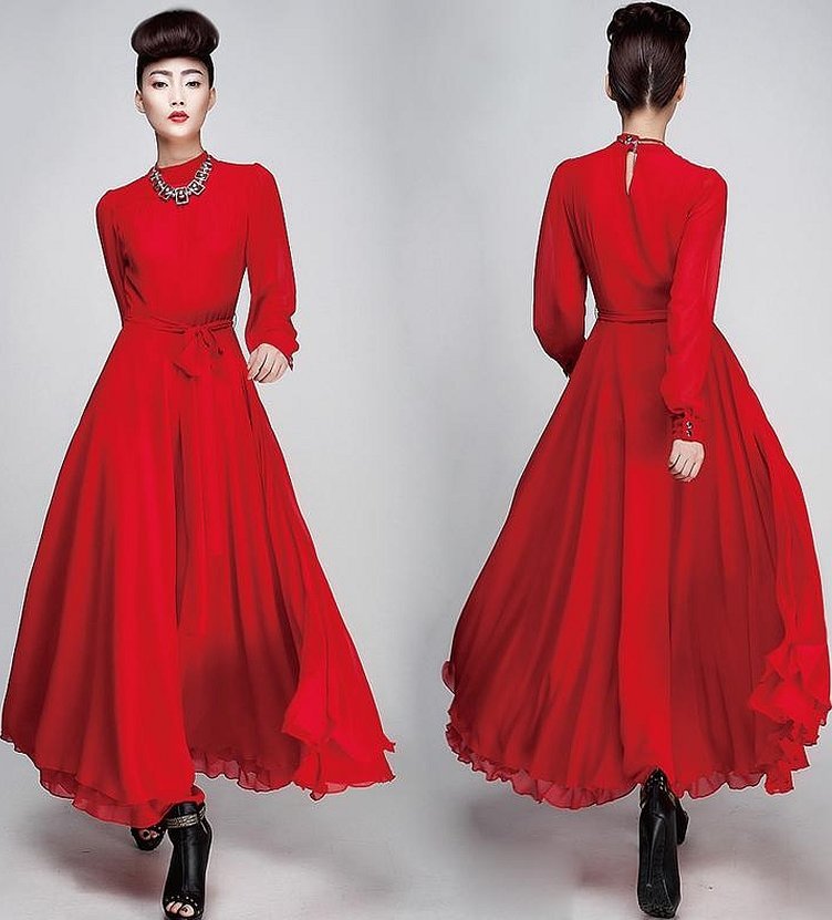 Красное длинное женское ретро платье