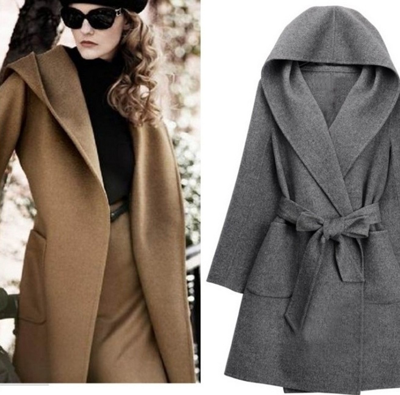 Шерстяное пальто женское тонкое пальто с капюшоном
